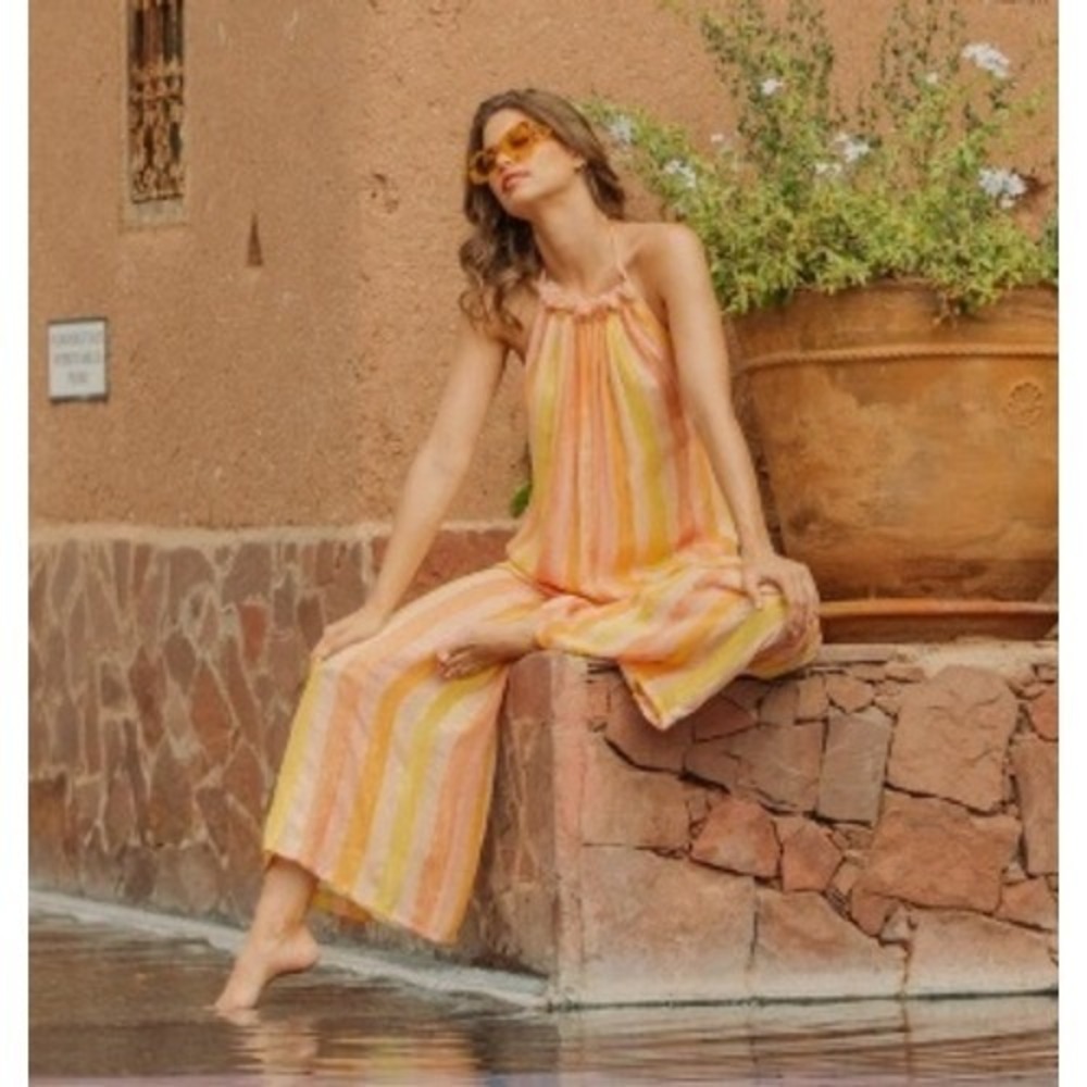 Sundress SOPHIE JUMPSUIT MARBELLA MIX PEACH Orange Halter Wide Leg Jumpsuit L/XL